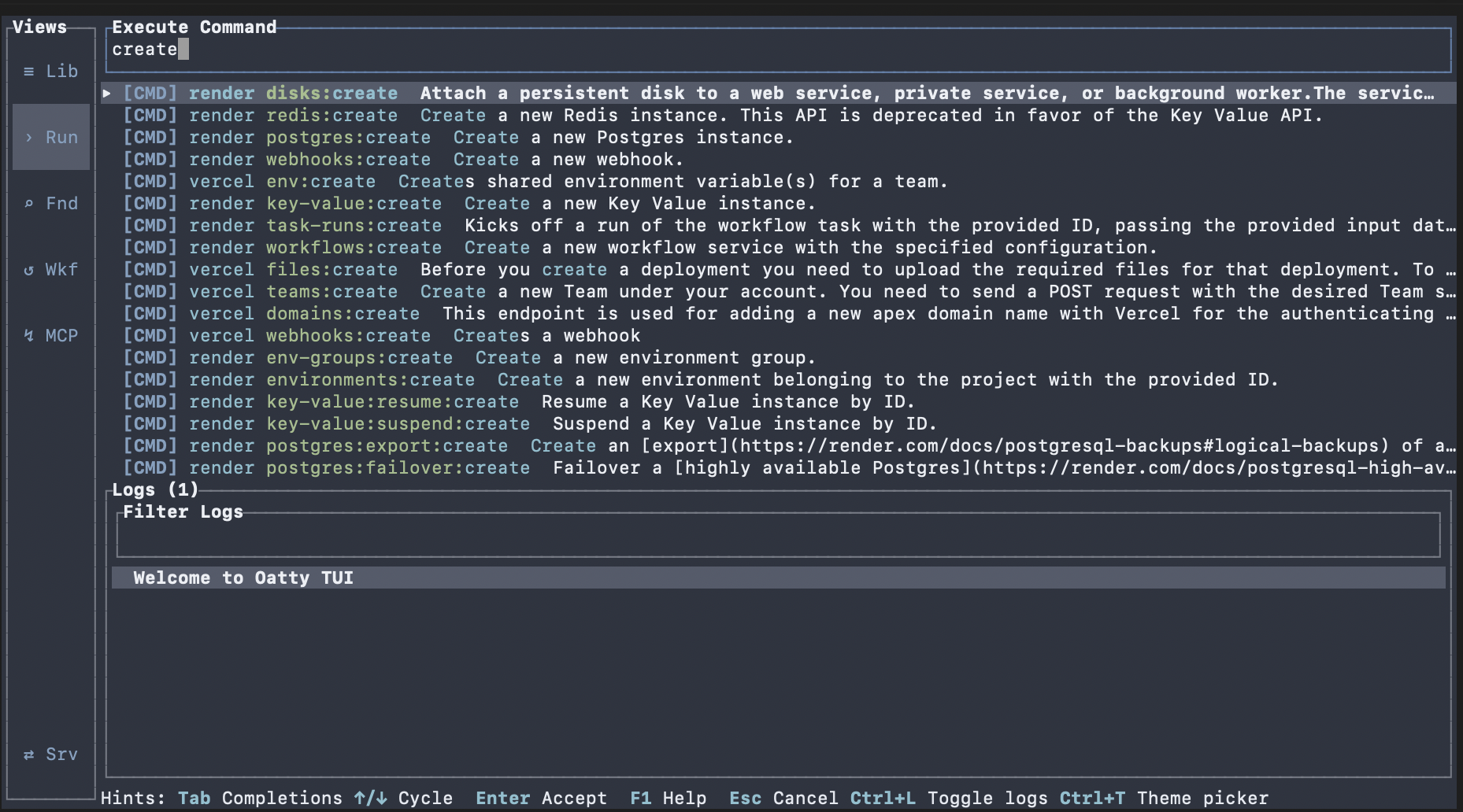 Search suggestions in Oatty’s terminal command catalog
